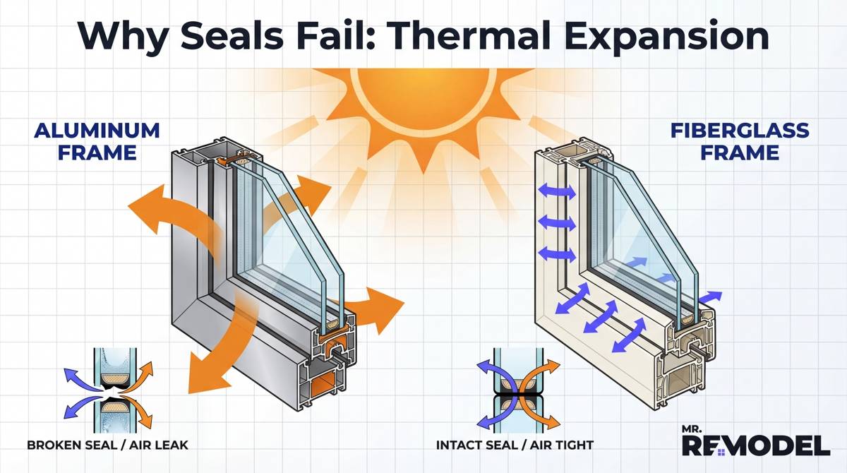 A technical diagram showing that aluminum frames expand more than glass under heat, breaking window seals, while fiberglass expands with the glass, maintaining seal integrity.